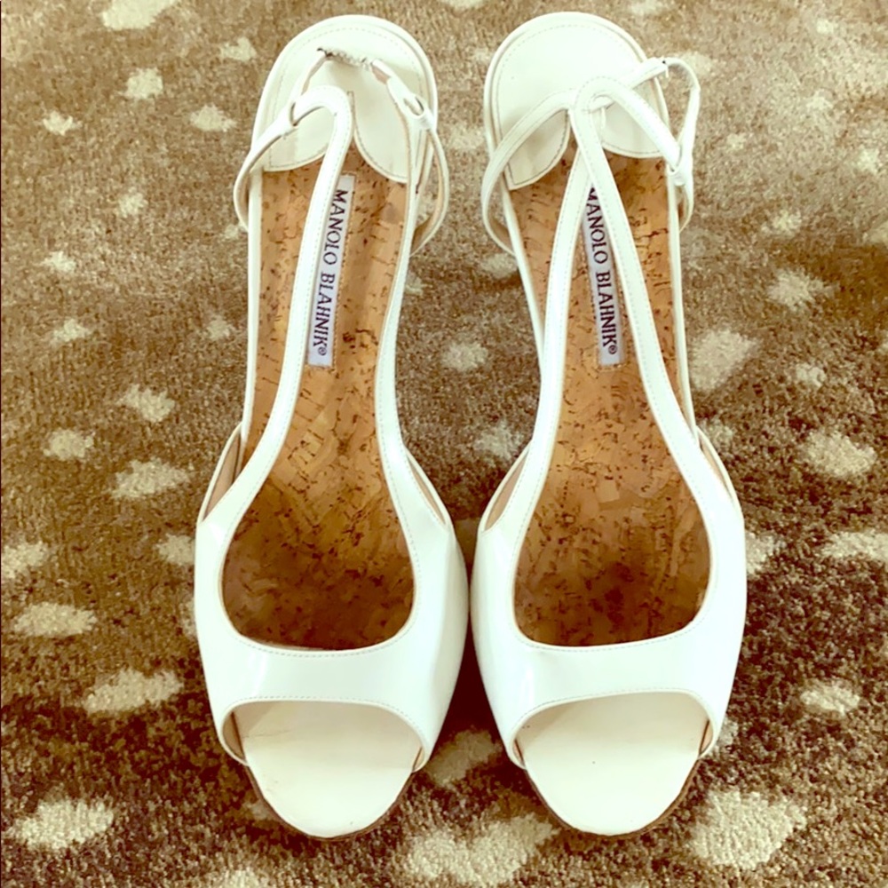Manolo Blahnik white patent sling-back heels